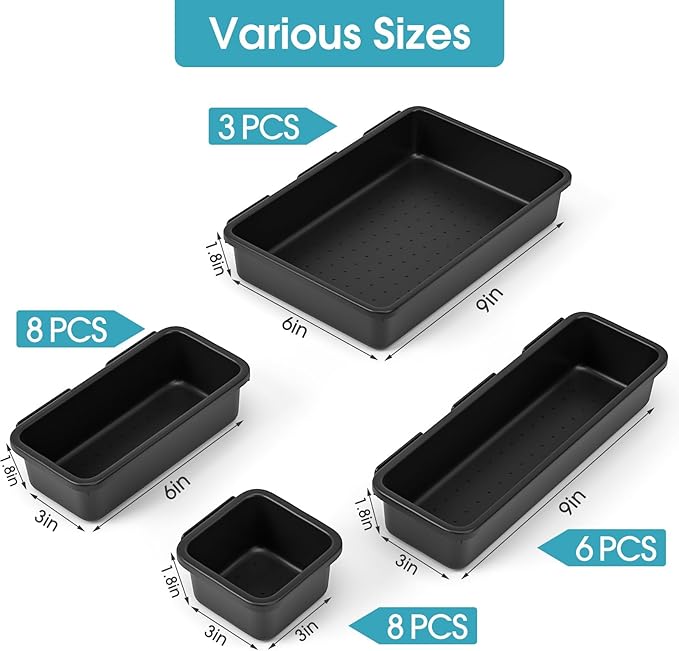 25 PCS Drawer Organizer Set, 4 Size Makeup Drawer Divider Organizer With Non-Slip Pads, Interlocking Plastic Storage Bins for Office,Jewelry Vanity,Gadgets, Bathroom,Kitchen, Black