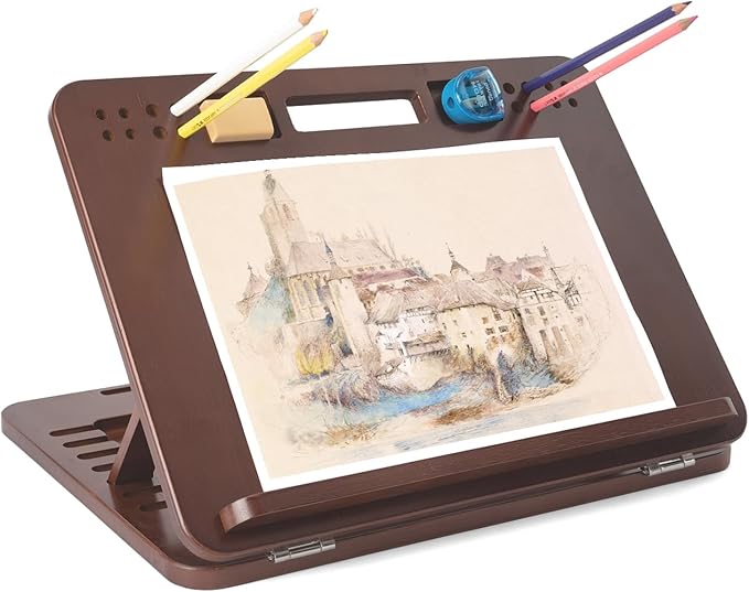 StrongTek 6-Position Bamboo Table Easel, 16x12 Inch Adjustable Drawing and Sketching Board with Built-in Handle and Back Storage, Portable Art and Lap Desk for Sketching, Reading, and Book Stand