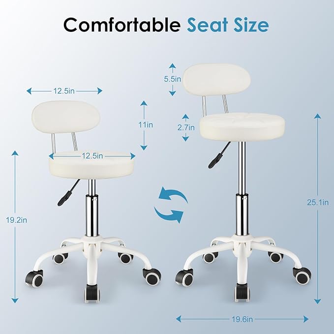 Swivel Rolling Stool with Wheels Height Adjustable Chair Rolling Drafting Chair Spa Stool Chair Backrest White