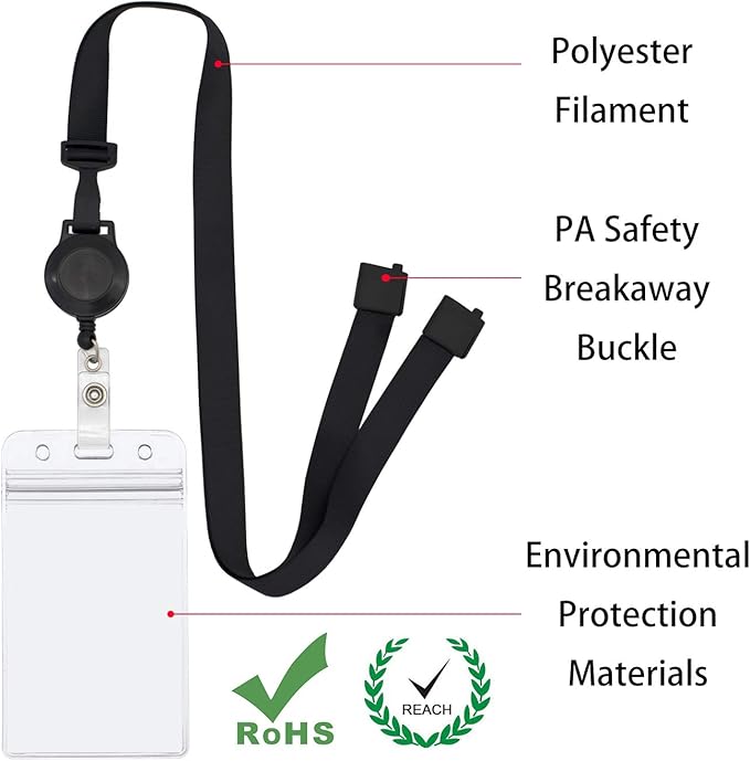 Retractable Safety Breakaway Lanyard with ID Holder, Dual Independent Waterproof Zip Card Holder, Safety Fastener and Adjustable Clasp [2 in 1 Wearing Combination] (Black 5 Pack (Vertical))