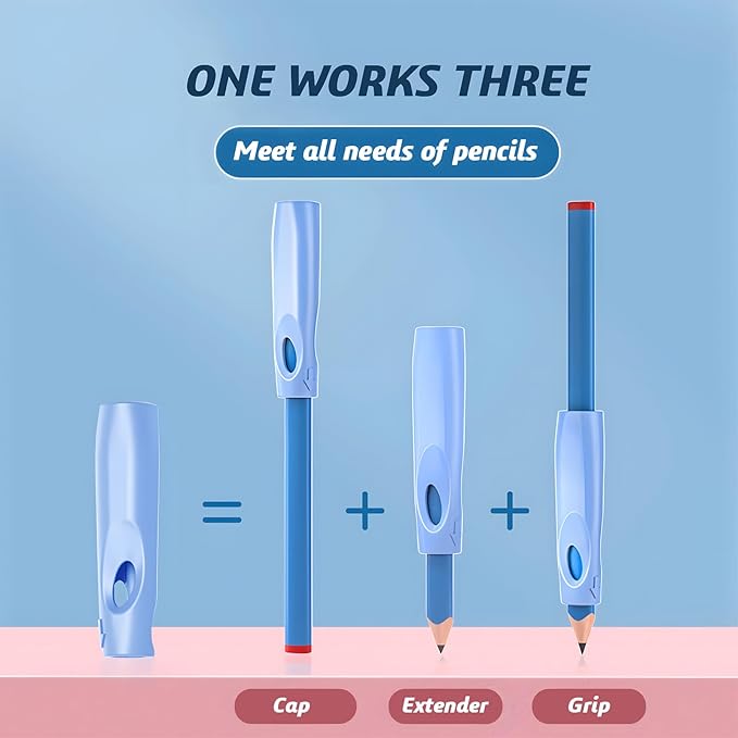 Ergonomic Pencil Grip, Extender & Cap 3 in 1, Silicone Pencil Partners Pack of 6 Pcs for Kids and Adults Handwriting