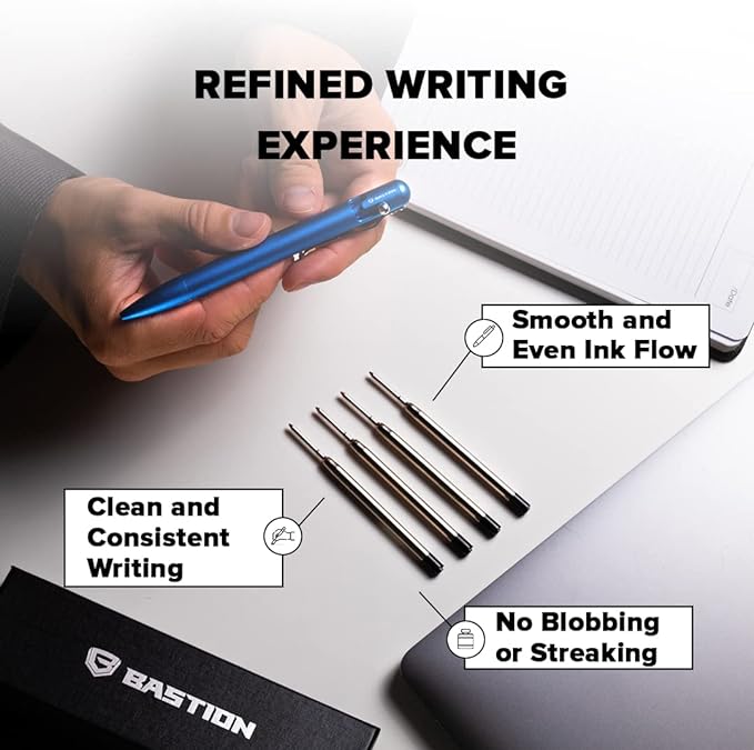 BASTION® Premium Pen Refill, Deeply Pigmented Ink for All Bastion Bolt Action Luxury Pens, Standard Ink Refill with 0.55mm Fine Tip - Blue Gel, 2 PCs