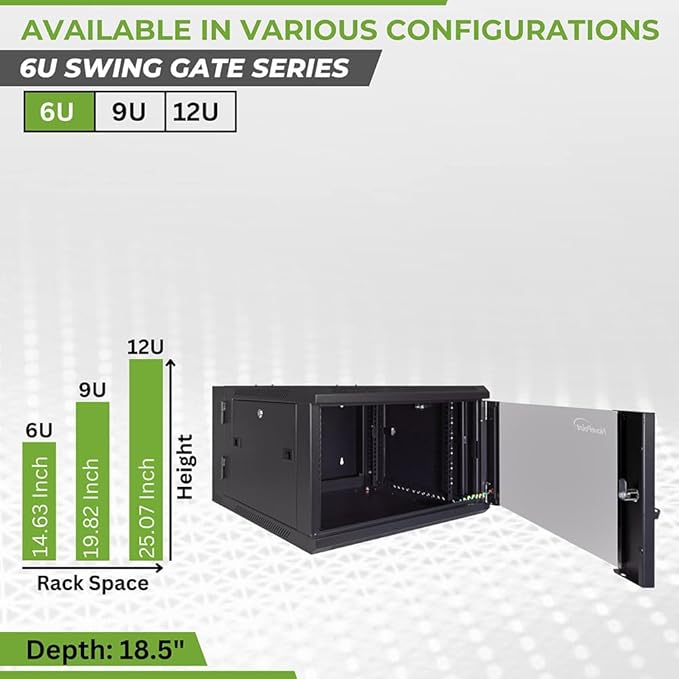 NavePoint 6U Server Cabinet with Hinged Back - 23.6” Deep, 6U Server Rack Enclosure with Locking Glass Door, Wall Mount Rack with Removable Side Panels, 6U Network Cabinet with 2 Fans, Pre-Assembled