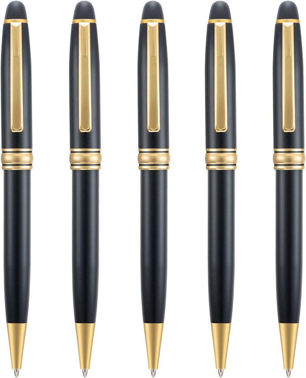 5 PCS Black Ballpoint Pens with Extra Refills Set, 1mm Medium Point Black Ink, Great Smooth Writing Metal Pen for Business Office Teacher Student Wedding Guest Gift (Gold Trim)