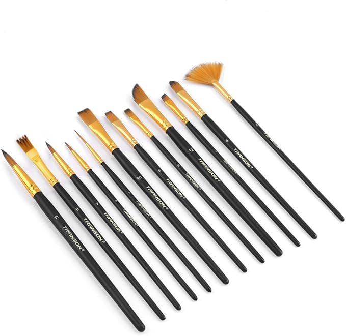 Transon Art Painting Brush Assorted Set of 12 for Acrylic Watercolor Gouache Hobby Painting
