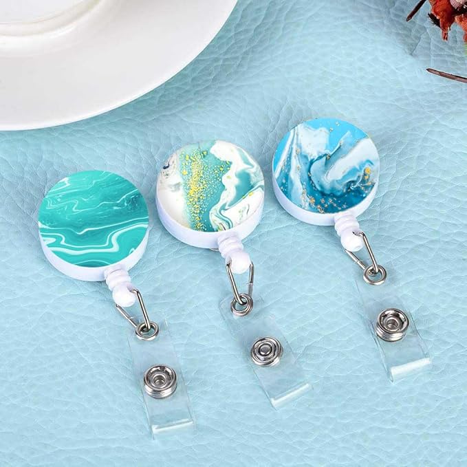 Retractable Badge Reel, Badge Holder with Alligator Clip, Cute Badge Clip on ID Name Card Holders for Nurse Doctor and Office (3Pack Mixed Color Marble)
