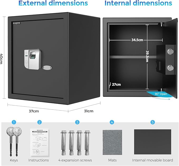 WASJOYE Fingerprint Biometric Safe Box, 2.0 Cu Ft Fireproof Safe Box with Finger Identification Key-Lock, Fingerprint Safe for Home Office Hotel Jewelry Document Passport Valuables Gun Safe Storage