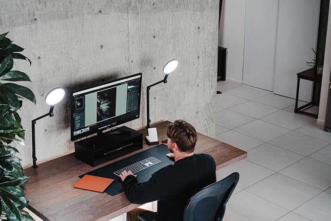 LUME CUBE Edge 2.0 LED Desk Lamp | Dimmable Home Office Desk Light with USB Charging Port & Strong Swing Arm | Adjustable Color Temperature and Brightness | Circle Webcam Light - Black 2pk