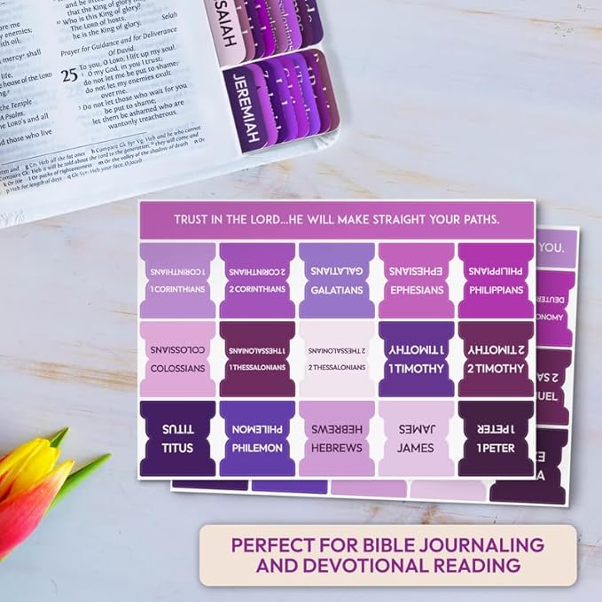 Purple Bible Tabs, 90 Large Print Bible Index Tabs for Study Bible, Laminated Easy-to-Read Label, Christian Gift for Women, Men, Kids