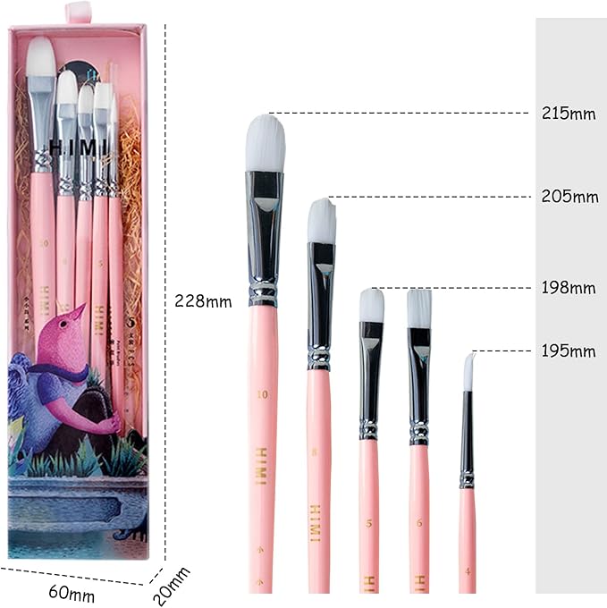 HIMI Little Bird Paint Brushes Set 5 Pcs for Acrylic Oil Gouache Paint，1 Wide Brush, 3 Fan Brush,1 Liner Brush, Interesting Designed Nice Gift for Art hobbyist Beginners Artists (Pink,5 Pcs)
