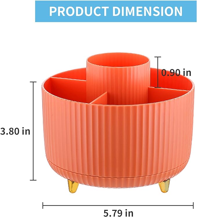 Marbrasse Desk Organizer, 360-Degree Rotating Pen Holder for Desk, Desk Organizers and Accessories with 5 Compartments Pencil Organizer, Art Supply Storage Box Caddy for Office, Home （Orange）