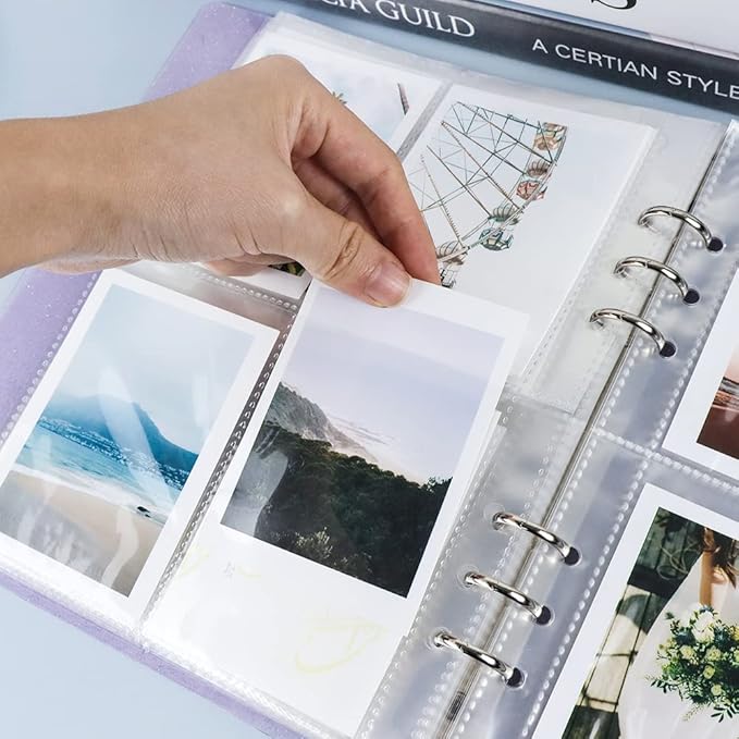 Purple Glitter PVC Kpop Photocard Binder Loose Leaf 6-Ring Wide A5 Photocards Holder with 4 Inch 200 Pockets Photo Pages Transparent Card Sleeve Protectors Page for Photos Cards Album Folder Organizer