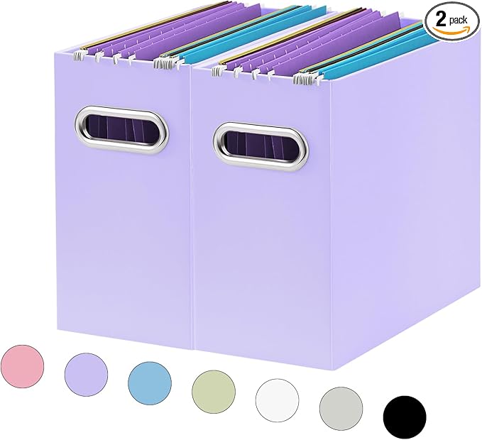 Oterri File Organizer, Small Storage Box, Cardboard File Folder Organizer, Collapsible File Box, Hanging File Organizer for Letter Size, Portable File Box with Handle, Only Box (Purple, 2 Packs)
