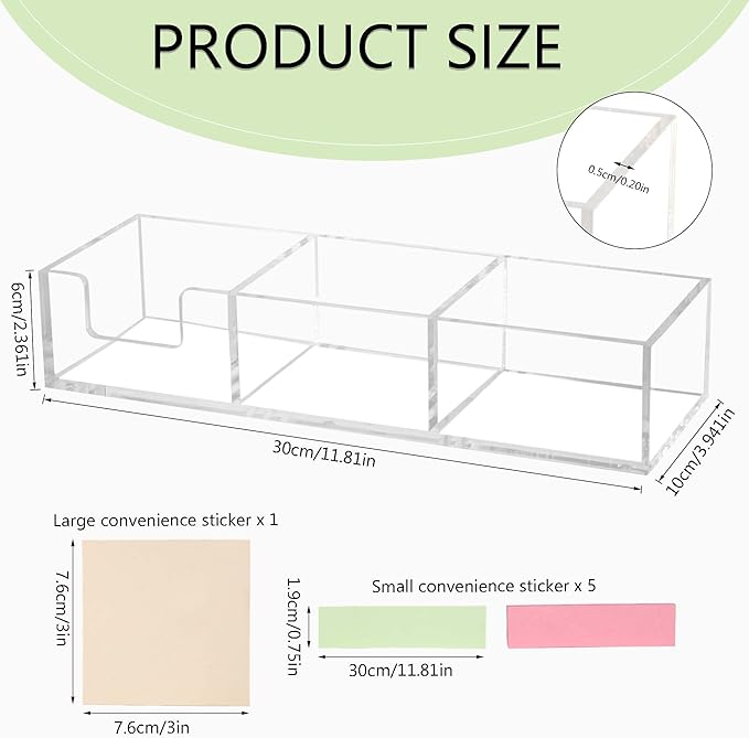 Acrylic 3in1 Sticky Note Holder Desk Organizer, 11.8" x 3.9" x 2.3" Self-Stick Memo Pad Dispenser for School Office Home Post Bank with 3 Compartments (DP003)