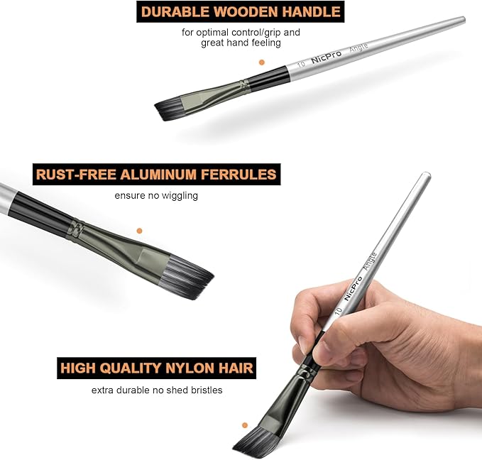 Nicpro 10 PCS Angular Paint Brush Set, Soft Anti-Shedding Nylon Hair Long Handle Angled Paint Brushes, Suitable for Artists and Beginners for Watercolor, Acrylics, Ink, Gouache, Oil, Tempera