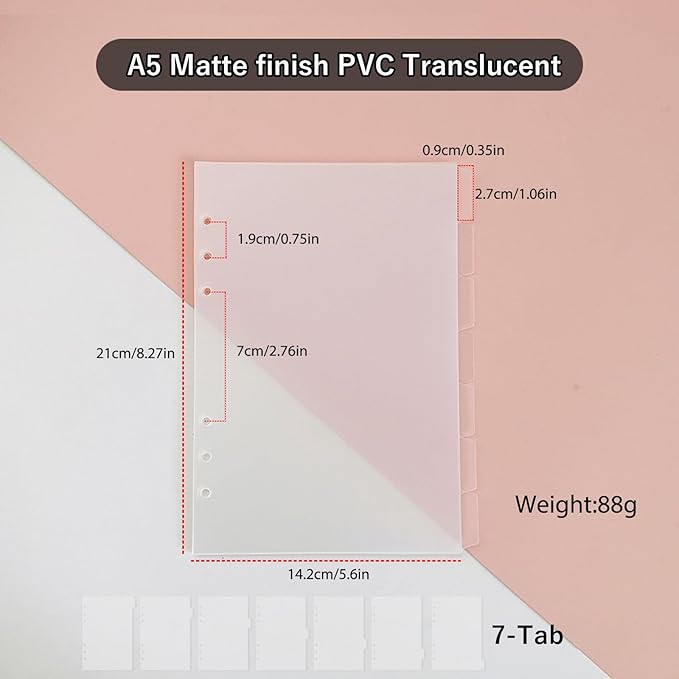 DY.2ten Clear Dividers for 6 Ring Binder, 7-Tab Sturdy Plastic Dividers, A5 Index Divider, 6 Hole Binder Dividers, Insertable Notebook Planner Tab Dividers for Binders