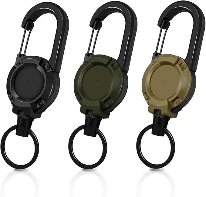 Heavy Duty Retractable Keychain, 3 Pack, Retractable ID Badge Holder Reel, Tactical ID Badge Reel, Key Ring Outdoor (Black, Dark Green, Khaki)