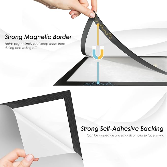 MaxGear Wall Mount Sign Holder 8.5 x 11, Self Adhesive Magnetic Display Picture Frames with Strong Magnetic Border and Clear PVC, Document Paper Wall Sign Holder for Home Office Store,12 Pack