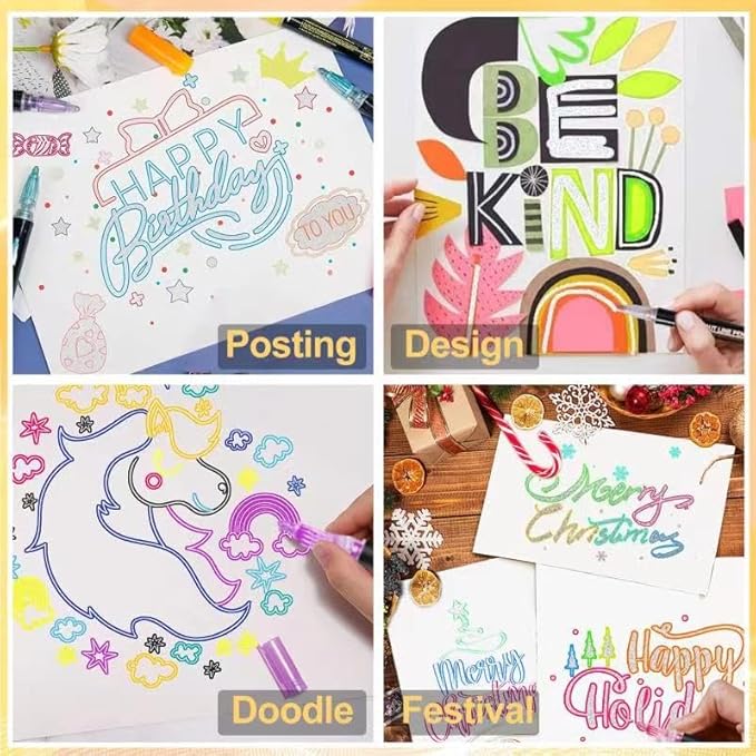 Double Line Outline Markers 36 Colors Super Squiggles Glitter Markers Self Outline Metallic Markers, Shimmer Markers Doodle Drawing Pens for Christmas Greeting Card, Birthday Gift, DIY Art Crafts