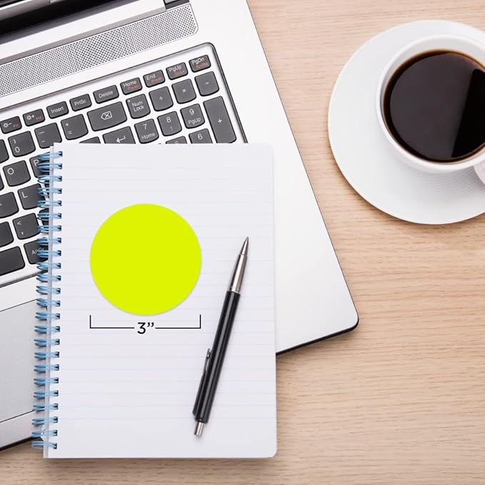 ChromaLabel 3 Inch Circle Sticker Labels, High Visibility Round Colored Stickers, Permanent Labels - 500 Sticky Dots per Roll, Fluorescent Yellow Dot Stickers