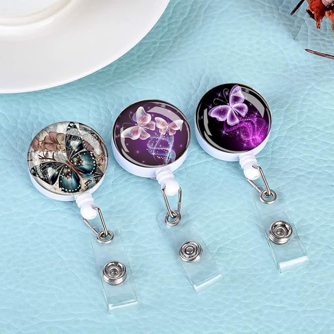 Retractable ID Badge Holder,Nurse Badge Reels with Clip,Name Card Holders for Office Worker Doctor Nurse（3 Pack Butterfly ）