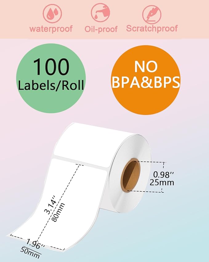 1.96''×3.14'' (50x80mm) Rectangular Thermal Labels for M110/M108/M220/M260/T50M Label Makers, Self-Adhesive Stickers for 4X6 Thermal Printer Labels, Small Business Barcode & Packaging, 100pcs, White