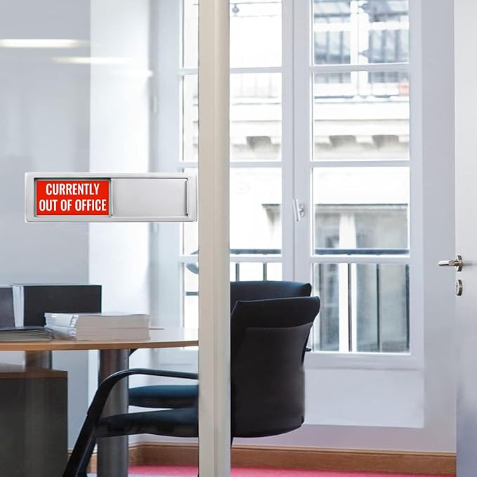 Office Door Sign,Out of the office Sign, Currently in the Office Sign for Door, Non-Scratch Magnetic Slider Door Indicator Sign, 7 x 2 inch Silver Office Decor