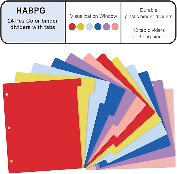 HABGP 12 Tab Dividers for 3 Ring Binder, 24 Pcs Multicolor 3 Ring Binder Dividers with Tabs, Page Folder Dividers, Plastic Tabbed File Dividers with Tabs, Three Ring Binder Index Dividers, 2 Set