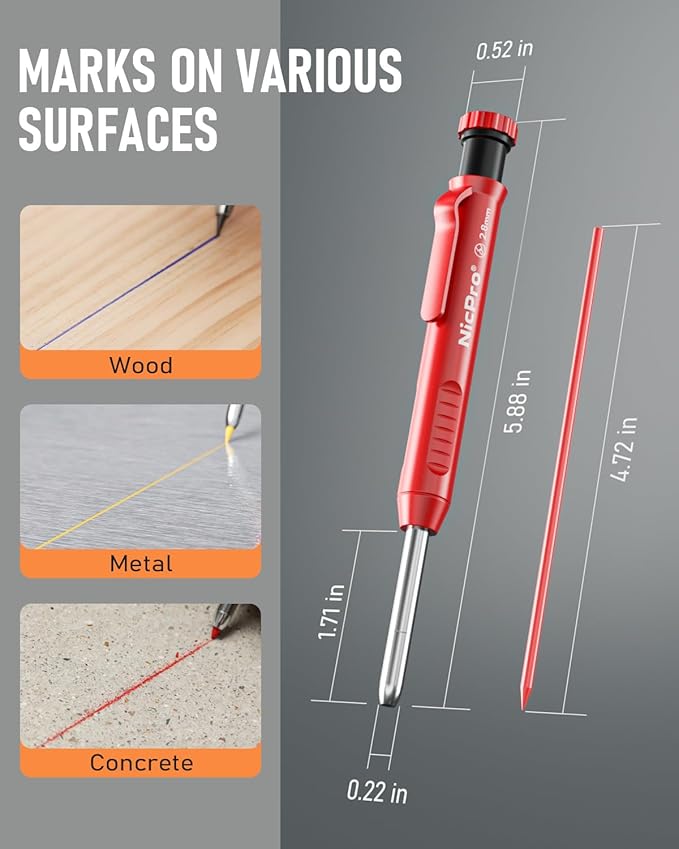 Nicpro 5 Pack Carpenter Pencil with Sharpener, Mechanical Pencils Set with 41 Refills (Red, Black, Yellow, White, Green, Blue), Deep Hole Marker Construction Heavy Duty Woodworking Pencils - With Case