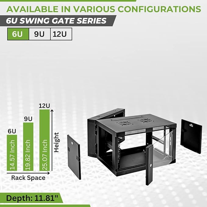 NavePoint 6U Server Cabinet with Hinged Back - 17.7” Deep, 6U Server Rack Enclosure with Locking Glass Door, Wall Mount Rack with Removable Side Panels, 6U Network Cabinet with 2 Fans, Pre-Assembled