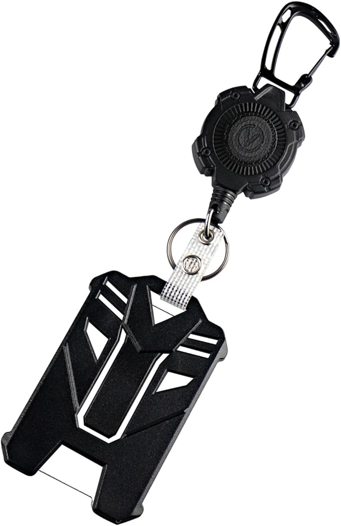 VIQWYIC 1 Pack Retractable Badge Holder Keychain, Tactical ID Card Holder, Heavy Duty Carabiner Badge Reel with Key Ring for Keys ID Card (Black)