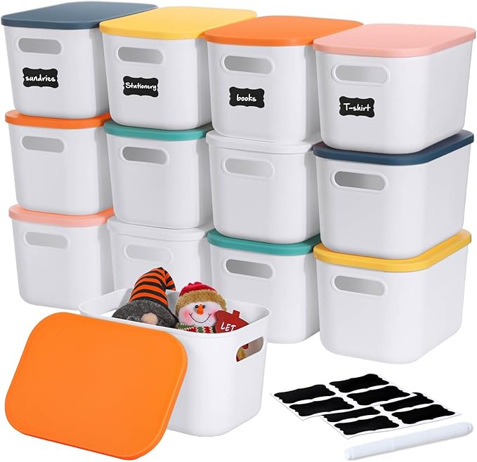 Thyle 12 Pack Plastic Storage Bins with Lids and Handles Colorful Stackable Desktop Storage Box Bins with Marker Label for Office Classroom Cabinet Shelf Drawer Kitchen, 10x7x6 Inch(White, Ivory)