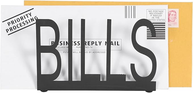 MyGift Black Metal Desktop Mail Sorter Organizer with Bills in Block Cut Out Letter Design