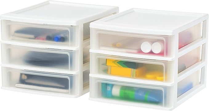 IRIS USA Plastic Stacking Desk Top 3-Drawer Storage Organizer, 1-Pack, for Makep Vanity Nail Polish Bathroom Stationery Art Craft Supplies Kitchen Office Garage and Small Organization, Medium, White
