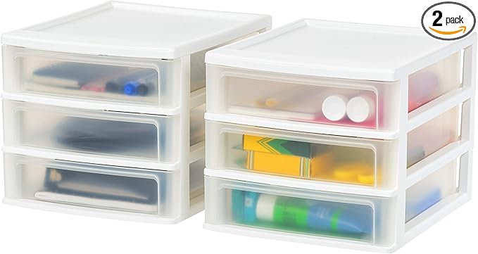 IRIS USA Medium 3-Drawer Desktop Organizer with Open Tray Top, 2 Pack, Plastic Drawer Storage Container for Stationery Art Craft Supplies, White