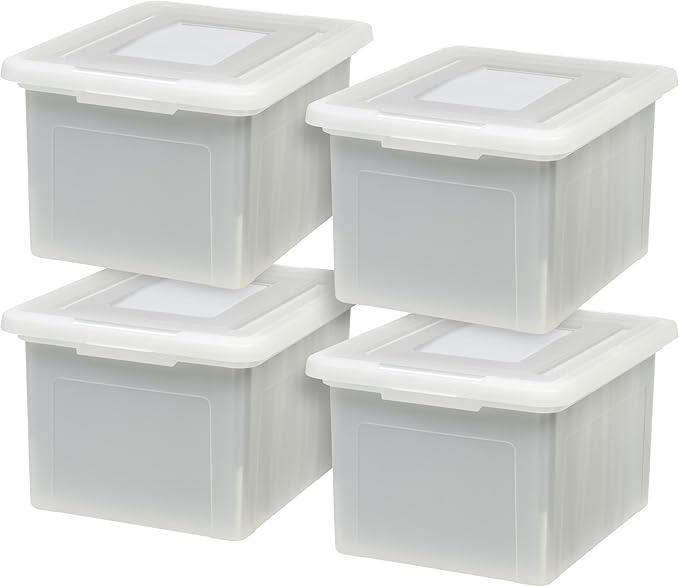IRIS USA File Box File Organizer Plastic File Box for Letter/Legal File, BPA-Free Plastic Storage Bin Tote Organizer with Durable and Secure Latching Lid, Stackable, Nestable, Pearl 35 Qt. 4 Pack