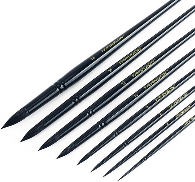 Transon 8pcs Round Watercolor Paint Brush Set Goat Hair for Watercolors,Acrylics,Inks,Gouache,Oil and Tempera Black Color