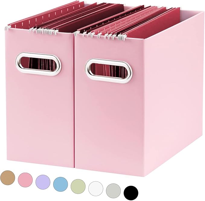 Oterri File Organizer, Small Storage Box, Cardboard File Folder Organizer, Collapsible File Box, Hanging File Organizer for Letter Size, Portable File Box with Handle, Only Box（Pink，2 Packs）