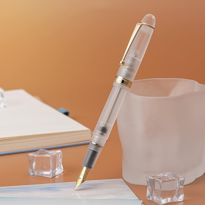 Asvine V126 Vacuum Filling Fountain Pen Gold Plated Fine Point, Frosted Transparent Clear Acrylic Pen Gift Case