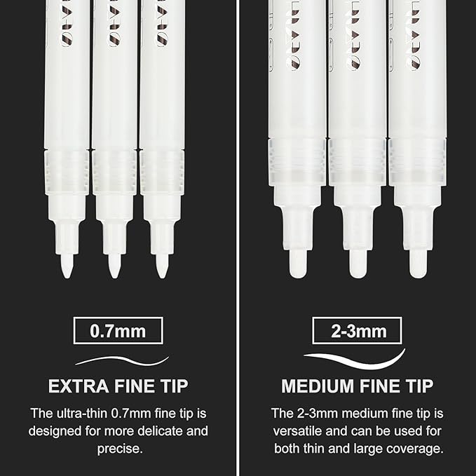 SFAIH Acrylic White Paint Pens - 8 Pack 2-3MM Medium Tip & 0.7MM Extra Fine Paint Marker for Rock Painting, Wood, Metal, Fabric, Plastic, Canvas, Glass, Ceramic, Diy Crafts, White Out Pen