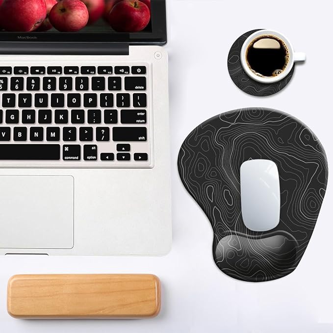 DOOKE Ergonomic Mouse Pad with Wrist Support and Coaster,Mouse Pads with Non-Slip PU Base for Home Office Working Studying Easy Typing & Pain Relief Topographic Contour Black