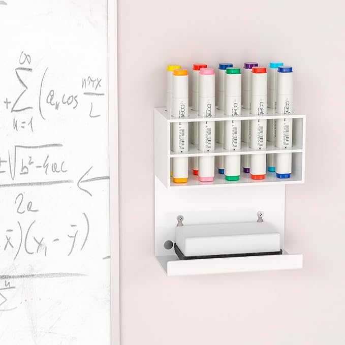 White Magnetic Dry Erase Marker Holder for Whiteboard, Wall Mounted Marker Holder Stand with 10 Marker Slots and Eraser Holder for Office School Home (White, 1)