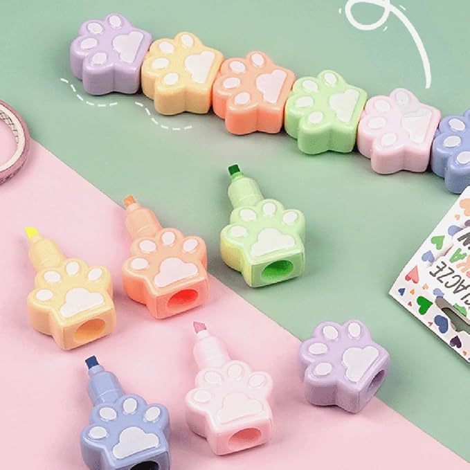 Set of 5 Cute Cats Paw Shape Color Highlighter Markers with 1 Cap, Multicolor Highlighter Pens for School & Office.