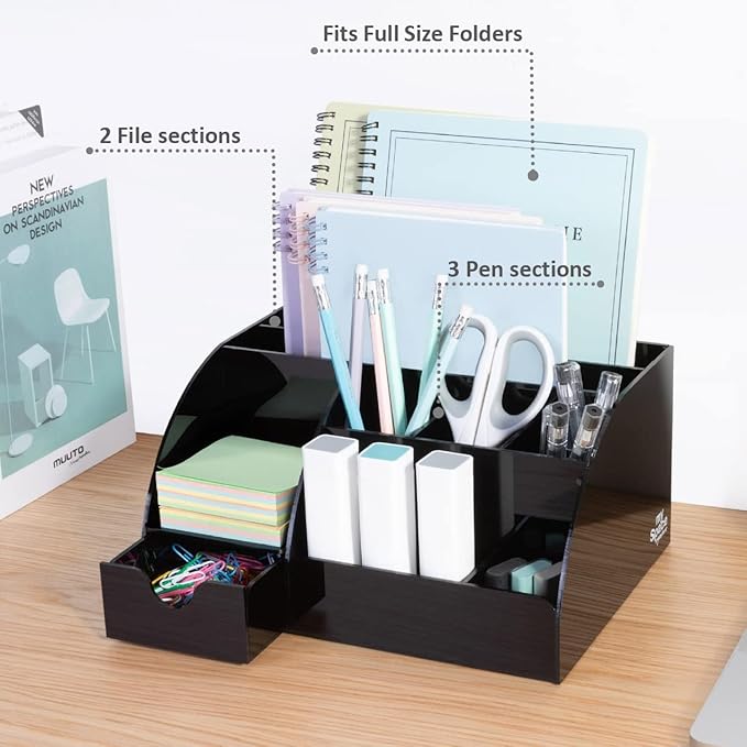 Black Desk Organizer with 9 Compartments - Desktop Office Supplies and Desk Accessories Organizer