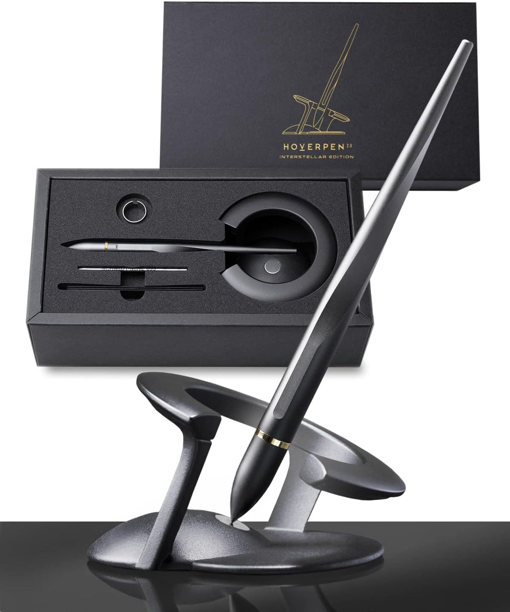 novium Hoverpen Interstellar - Space Black, Ballpoint Pen, 18K Gold-plated Pen Ring, 23.5 Degree Angle, Schmidt Ballpoint Refill, No Spills, No Spotting, No Explosions