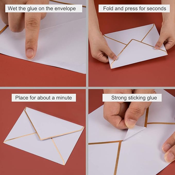 50 Pack White A4 Envelopes 4x6 Self-Adhesive V Flap Envelopes with Gold Border for Office, Greeting Card, Wedding, Graduation, Baby Shower, Parties, Invitations (4.25x6.25 inches)