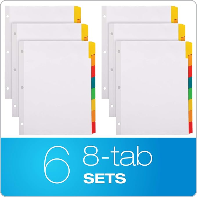 Oxford Write and Erase Binder Dividers, Durable Tabs for 3 Ring Binder, 8 Tab, Write On Tabs, Erasable Dividers, White, Multicolor Tabs, 6 Sets (89991)