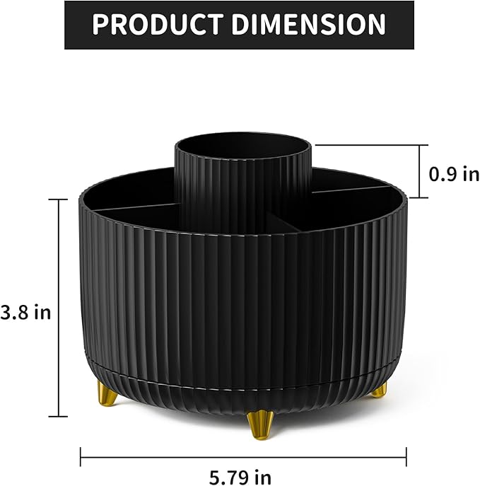 Marbrasse Desk Organizer - 360-Degree Rotating Pen Holder with 5 Compartments, Art Supply Storage Box Caddy for Office and Home (Black)