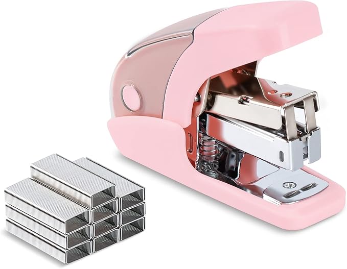 PAPERPAL Effortless Mini Stapler Set, 20 Sheet Capacity, Integrated Remover & Staple Storage, Holds 1/4" Staples, Includes 1000 Staples, Lightweight, Office, School & Daily Use, Pink
