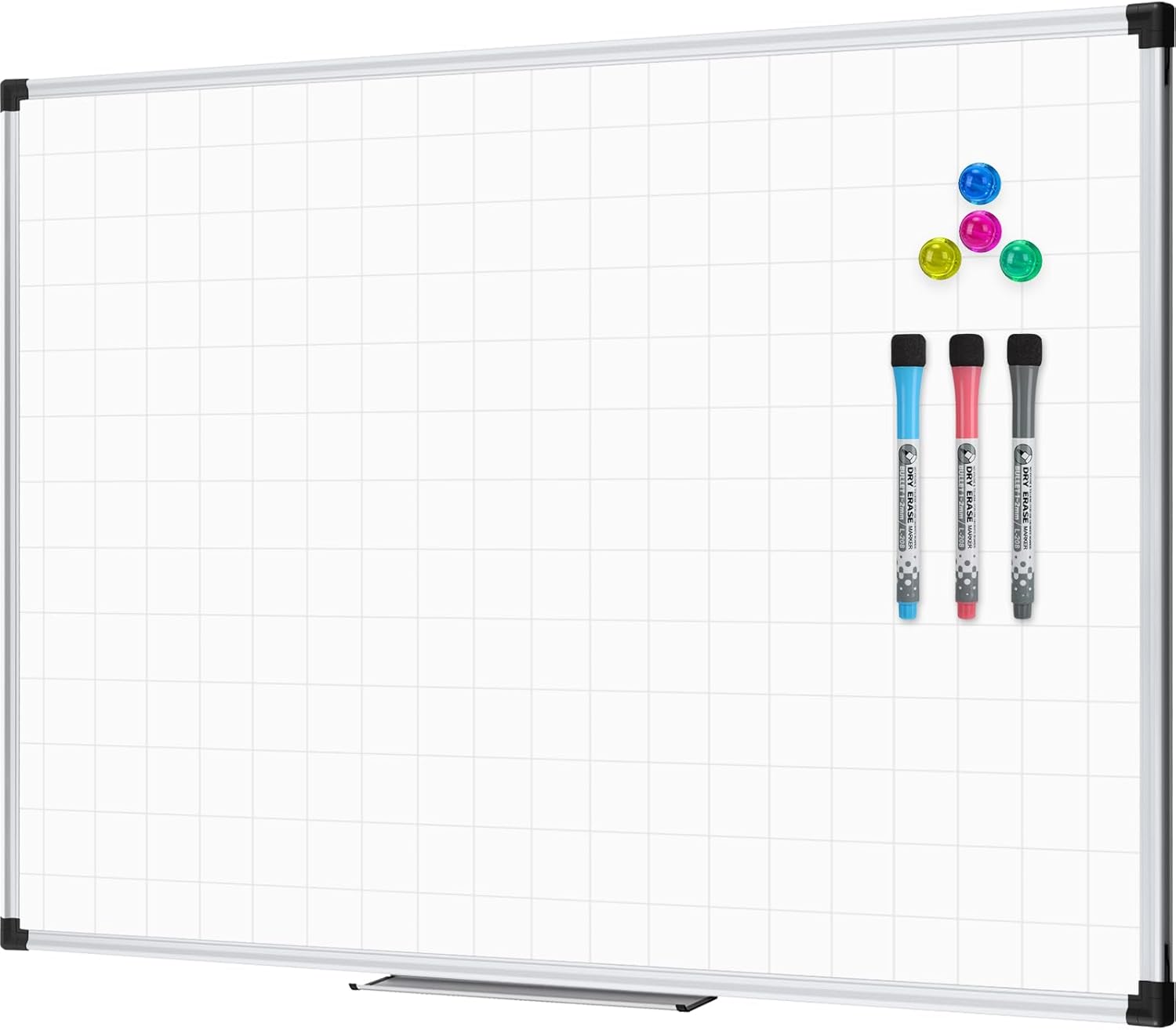 XBoard Magnetic Dry Erase Board with Lines 48 x 36 Inch, 4' x 3' Double Sided Hanging White Board Planner for Wall | Grid Lined White Board + Message Presentation Board